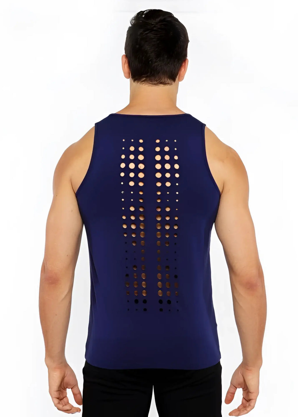Navy blue sleeveless stretch jersey tank with circular laser cut pattern down the back for a stylish breathable look