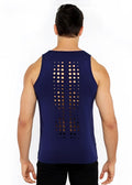 Navy blue sleeveless stretch jersey tank with circular laser cut pattern down the back for a stylish breathable look