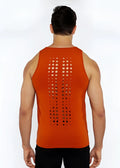 Orange sleeveless stretch jersey tank with vertical laser cut perforated dot pattern on the back