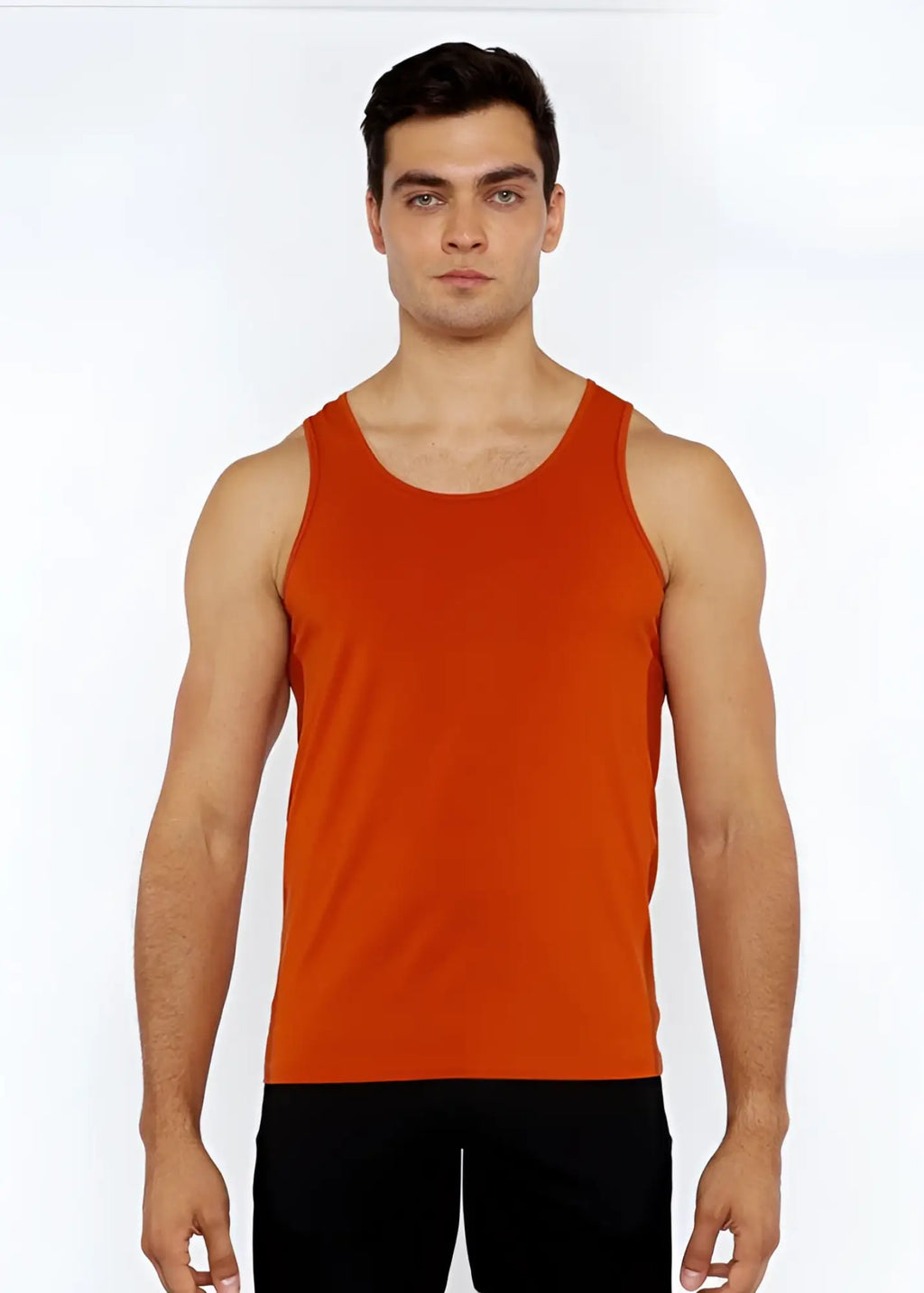A solid orange sleeveless circle spine laser cut stretch jersey tank with a round neckline and straight hem