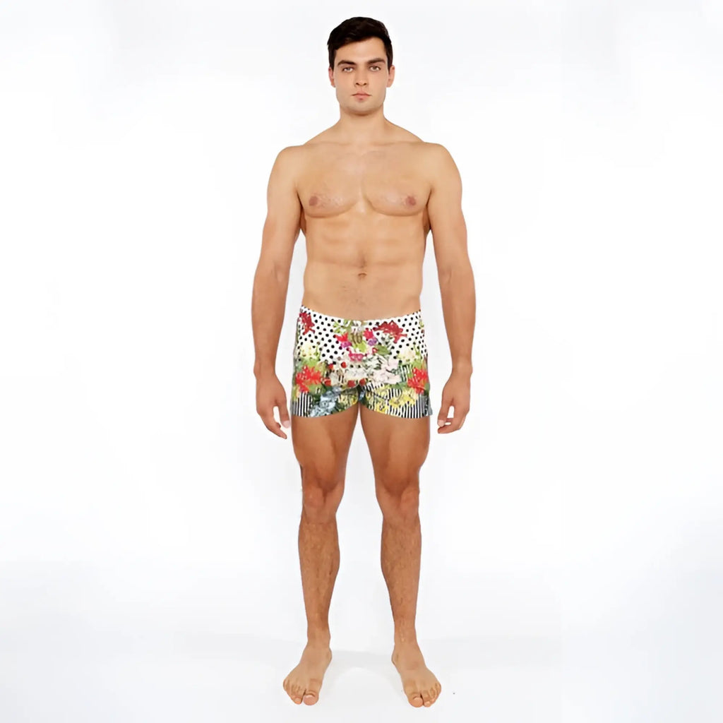 Men’s dots abstract printed swim shorts with vibrant floral and polka dot pattern for beachwear