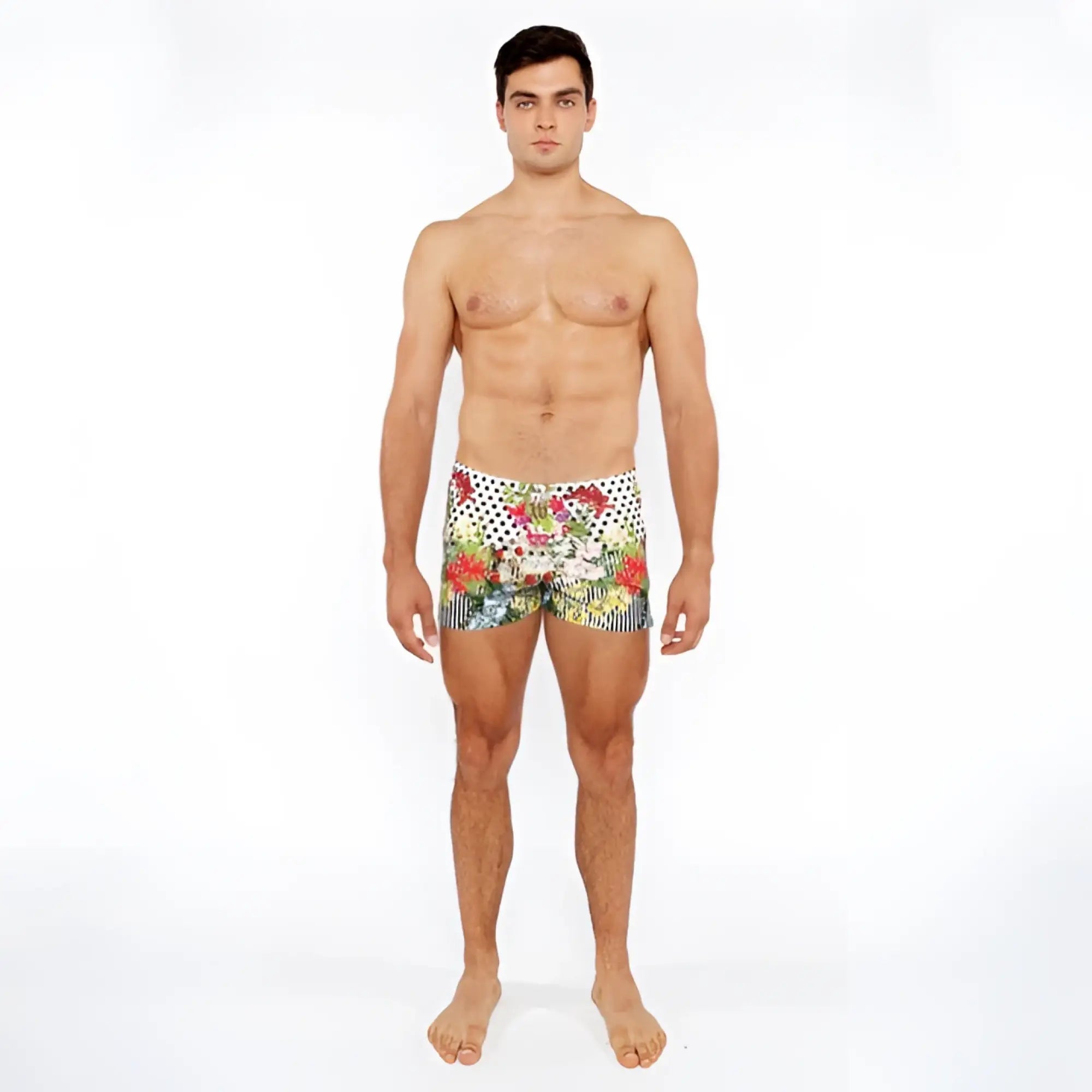 Men’s dots abstract printed swim shorts with vibrant floral and polka dot pattern for beachwear