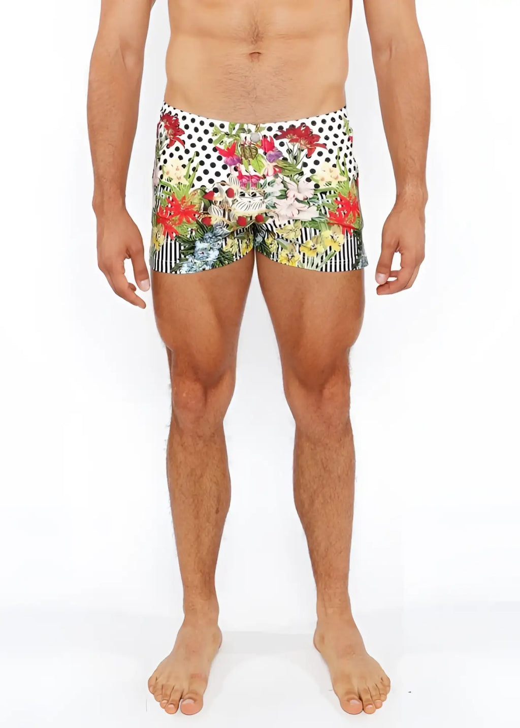 Dots abstract printed swim short featuring vibrant floral and polka-dot patterns in white red green and black