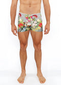 Dots abstract printed swim short featuring vibrant floral and polka-dot patterns in white red green and black