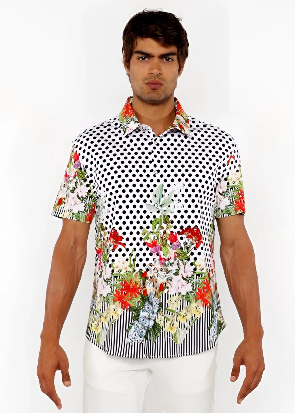 Dots abstract s s woven modal border shirt is a white short sleeve button up with black polka dots and red floral print