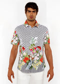 Dots abstract s s woven modal border shirt is a white short sleeve button up with black polka dots and red floral print