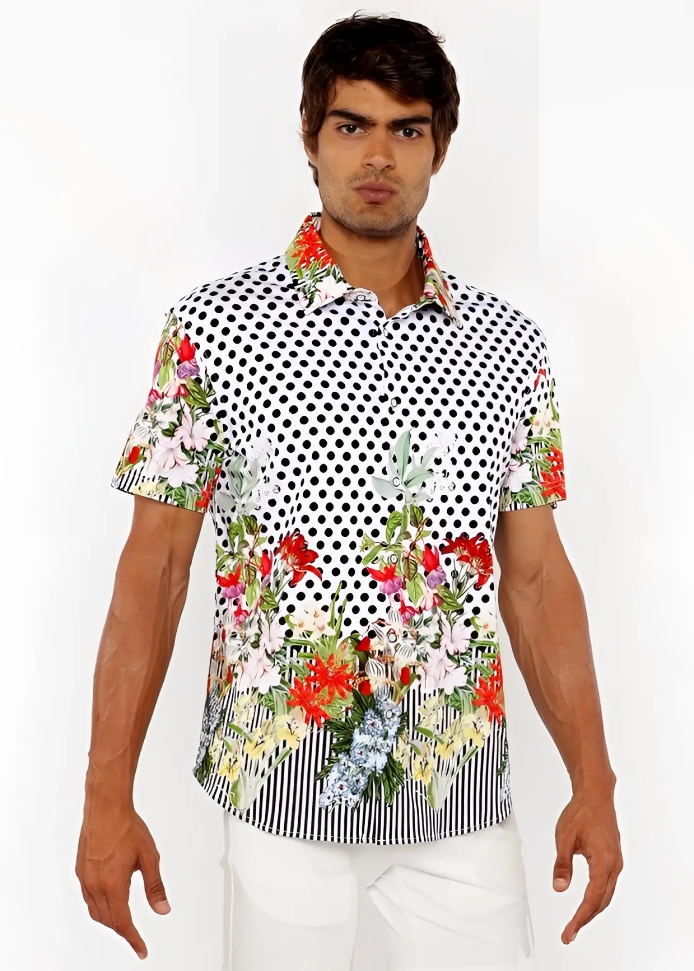 A vibrant men’s dots abstract short-sleeved woven modal shirt with black polka dots and colorful floral borders