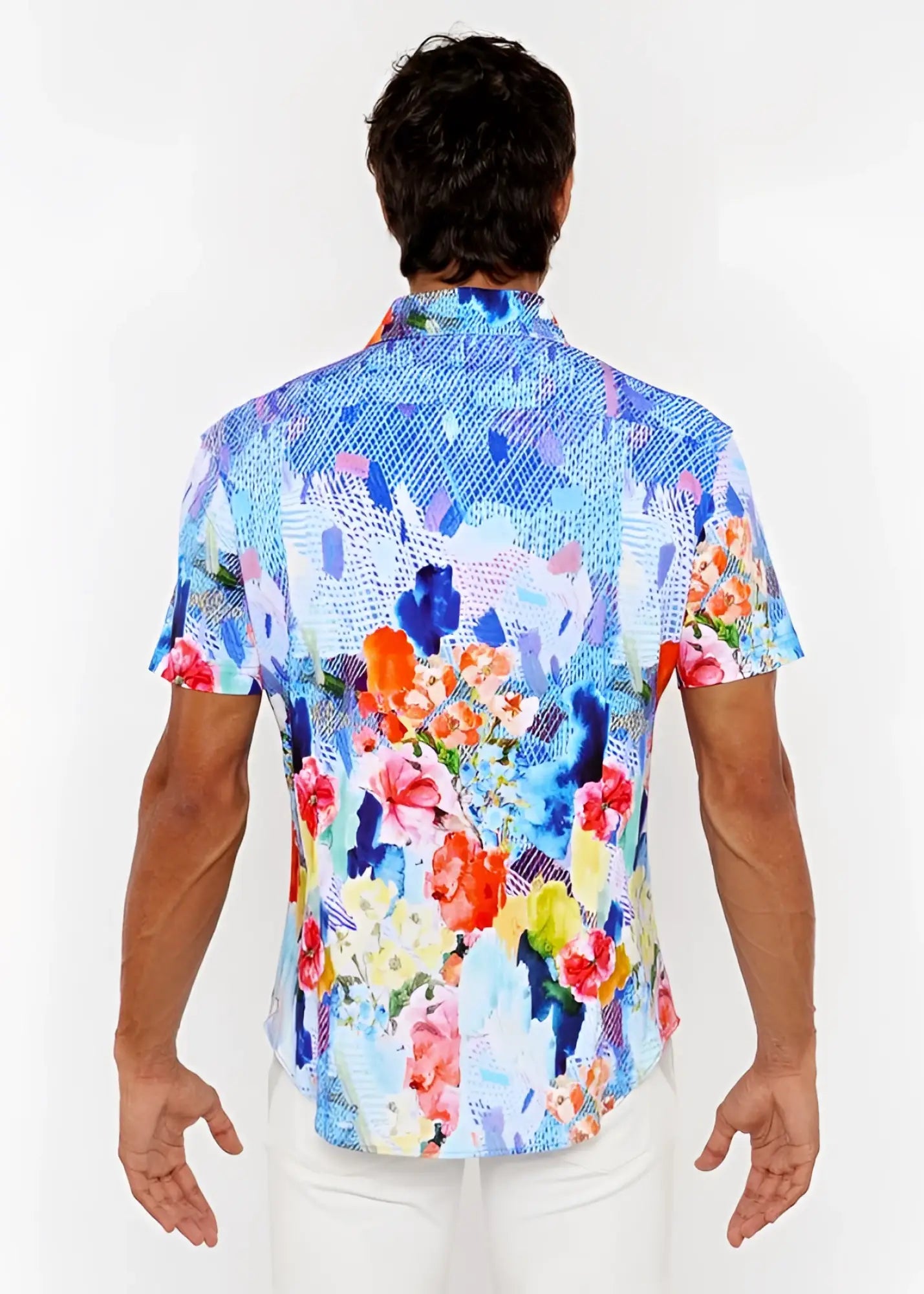A vibrant short-sleeved woven modal shirt with bold abstract floral pattern in blue pink orange and yellow