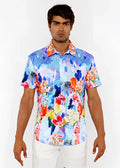 Vibrant short-sleeved floral abstract s s woven modal shirt with bold blue red orange and yellow pattern