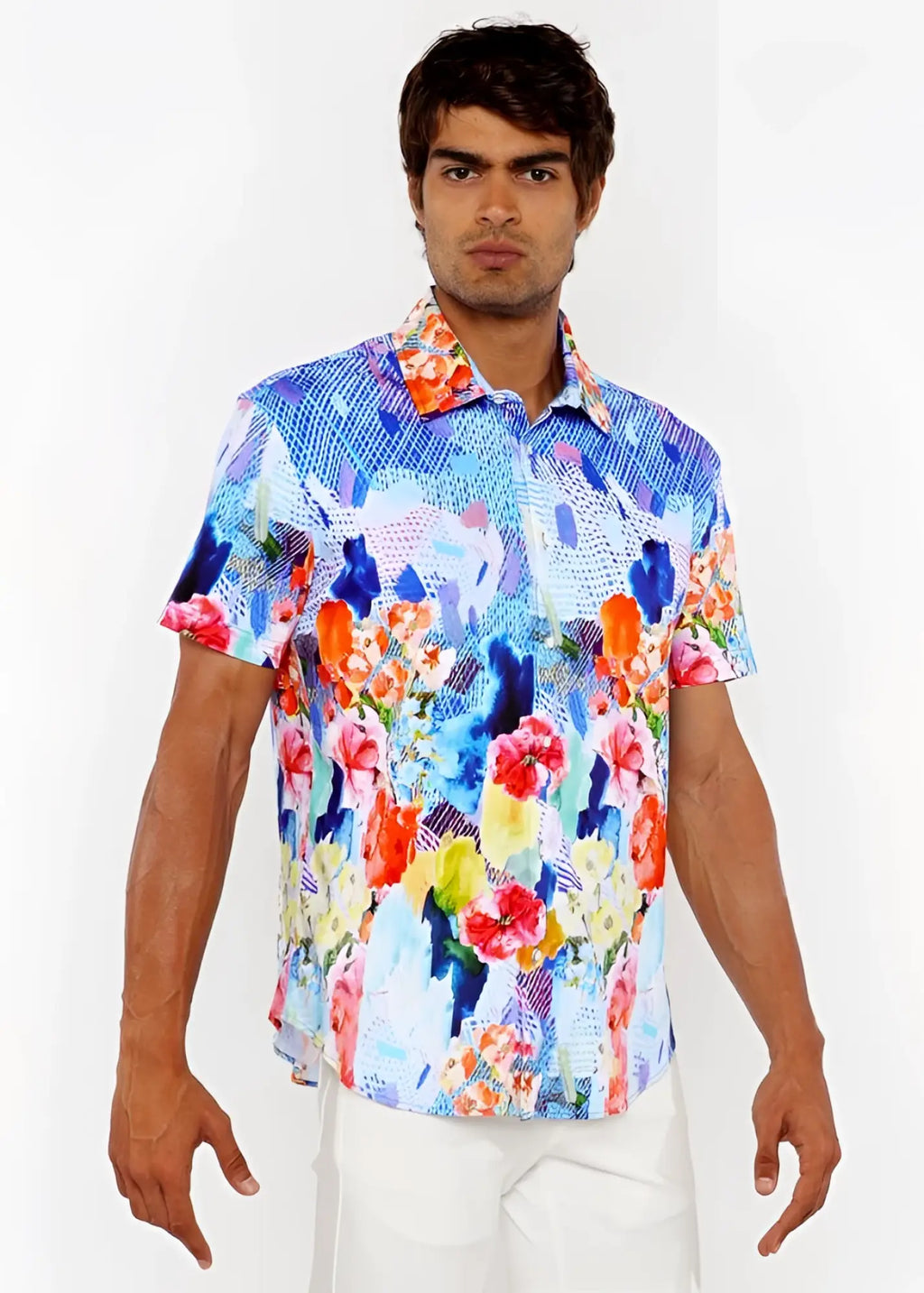 Vibrant short-sleeved floral abstract s s woven modal border shirt in blue pink orange and yellow on light background