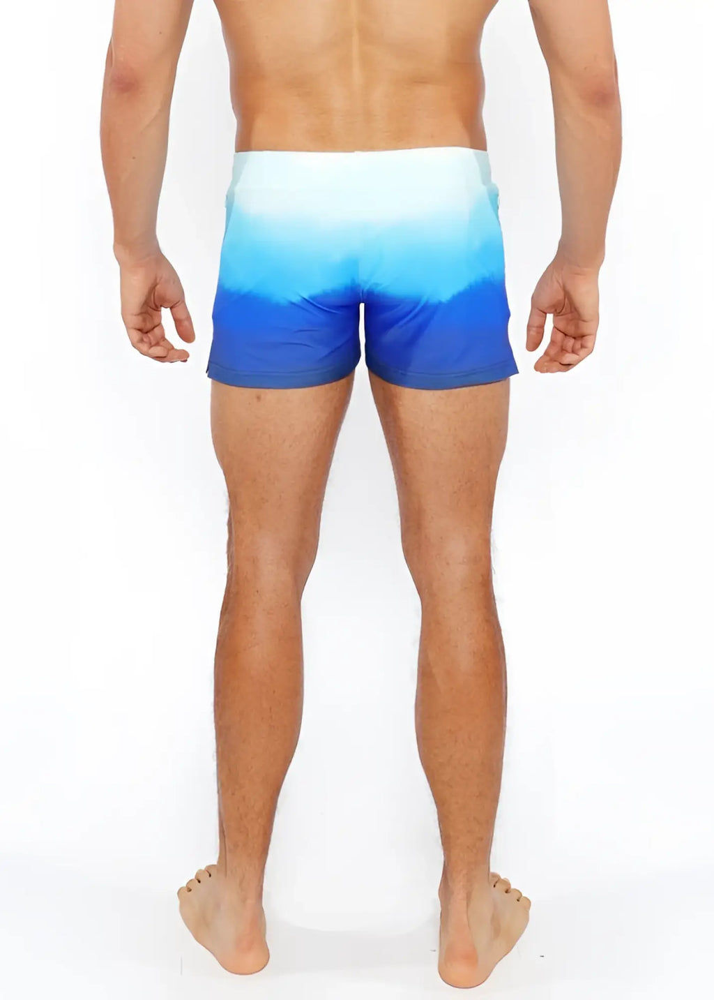 Blue gradient printed swim shorts with smooth seamless fabric finish perfect for swimming and beachwear
