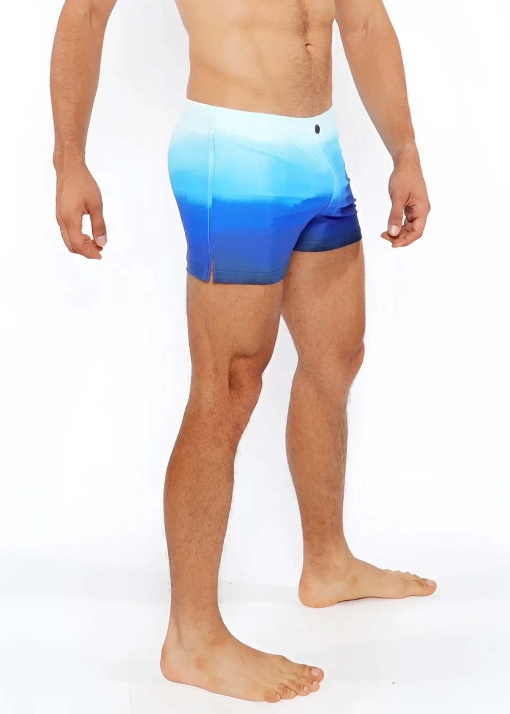 Blue gradient printed swim shorts with smooth seamless design perfect for casual beachwear and swimming