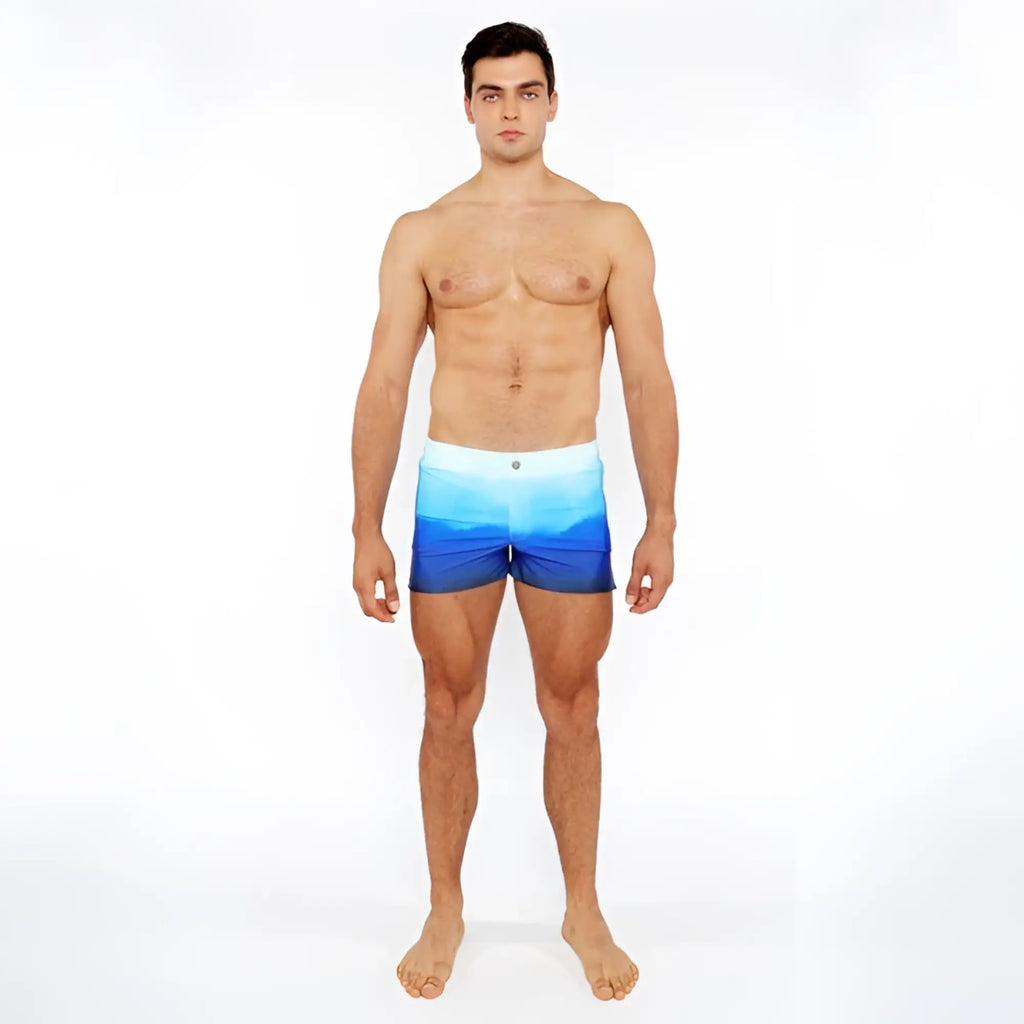 Men’s swim trunks gradient printed swim short with blue ocean gradient and stretchy fabric for comfort and flexibility