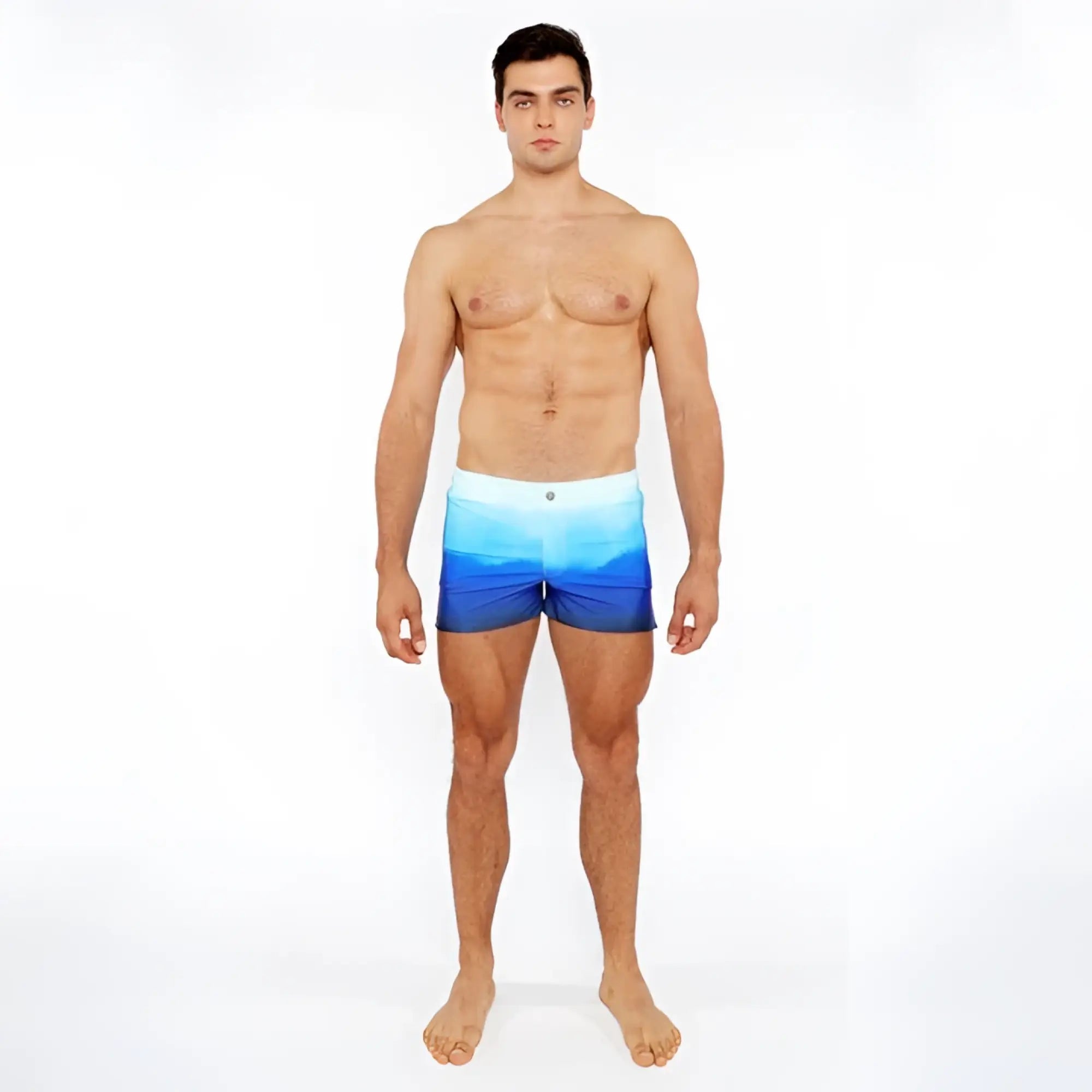 Men’s swim trunks gradient printed swim short with blue ocean gradient and stretchy fabric for comfort and flexibility