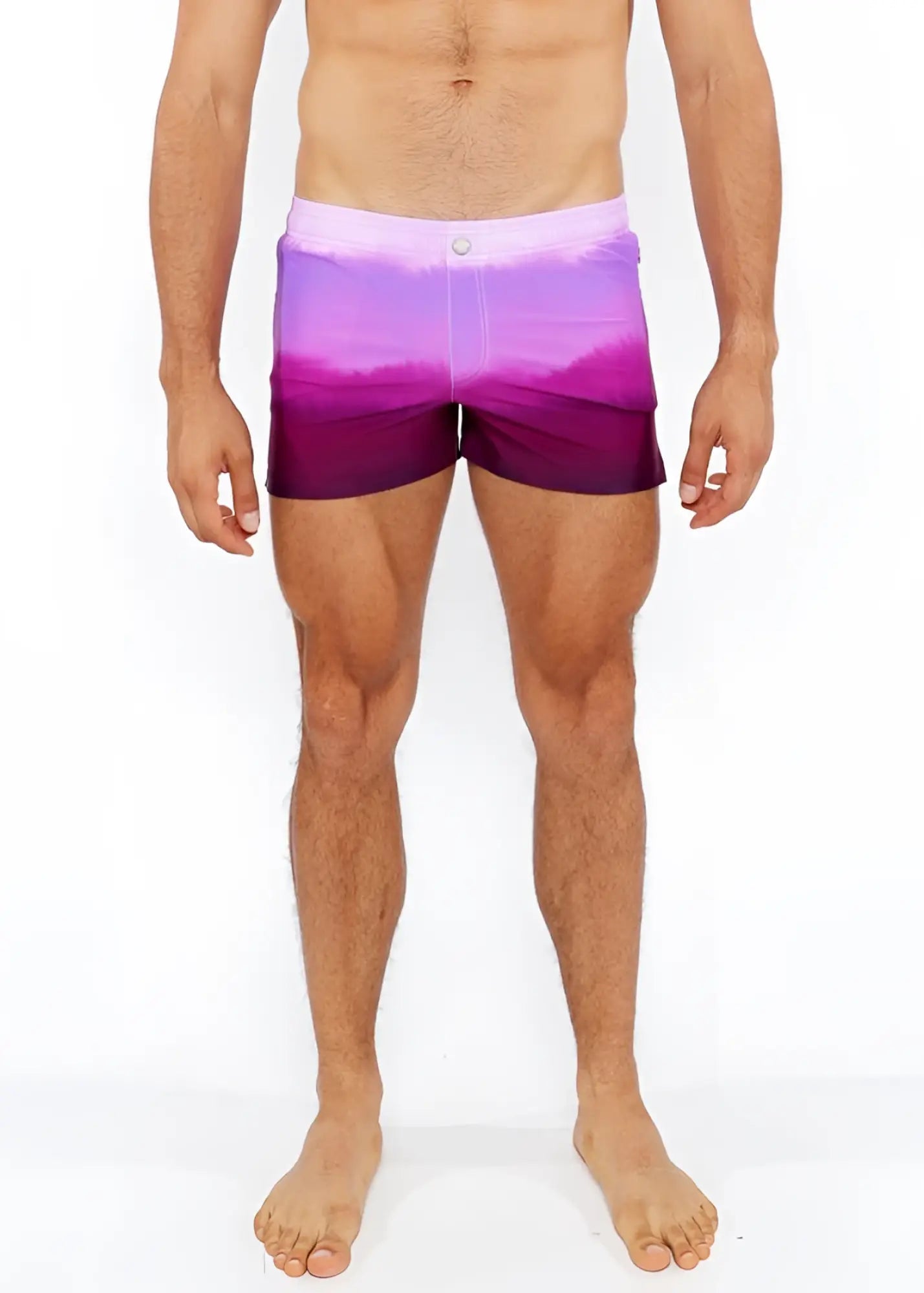 Gradient printed swim short featuring purple gradient swim trunks with a soft transition from lavender to violet