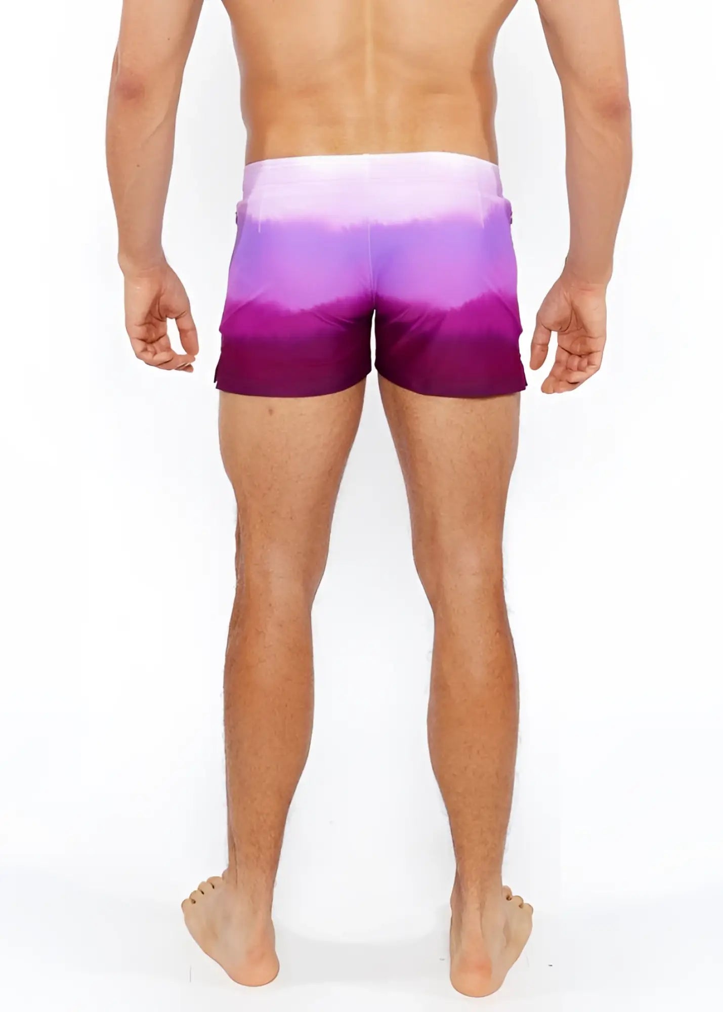 Gradient printed swim short featuring purple gradient swim trunks with a soft transition from lavender to deep violet