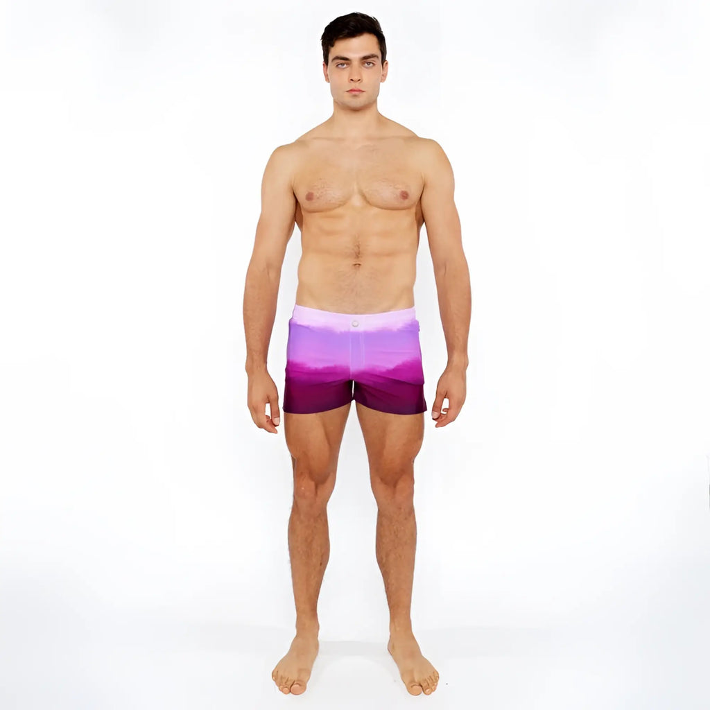 Purple gradient printed swim shorts with white waistband designed for swimming and beachwear