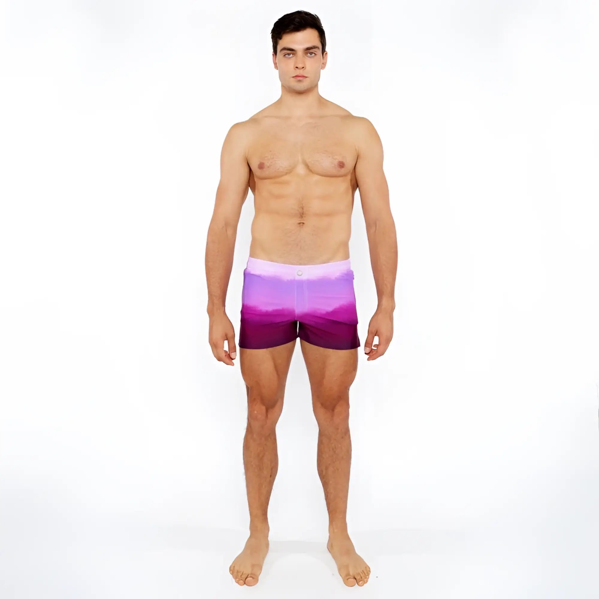 Purple gradient printed swim shorts with white waistband designed for swimming and beachwear