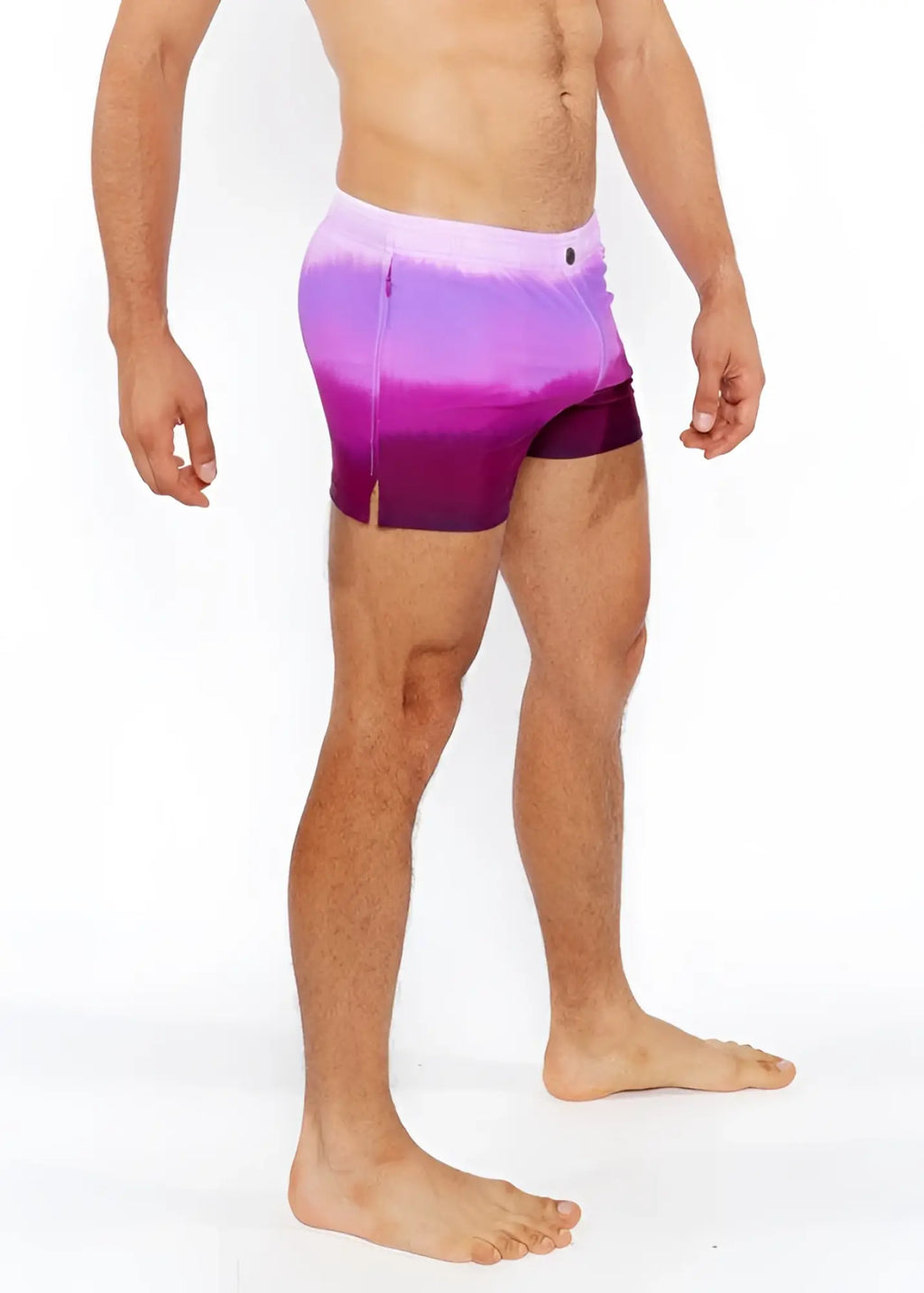 Purple gradient printed swim shorts with white-to-purple tie-dye pattern and side slit for beachwear