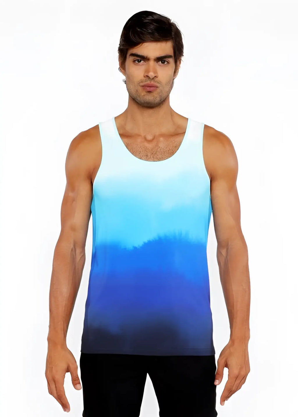 A men’s gradient stretch mesh tank top with a smooth transition from light to dark blue