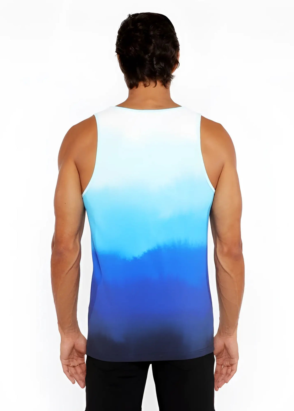 A men’s gradient stretch mesh tank top with a smooth white to deep blue color fade in soft fabric