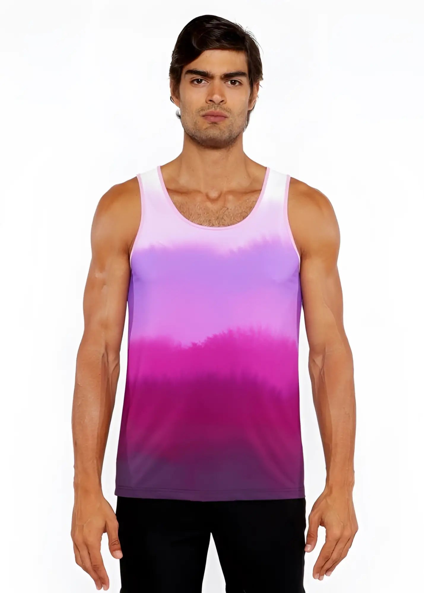 A man wearing a gradient stretch mesh tank with smooth hues from lavender to deep magenta and purple