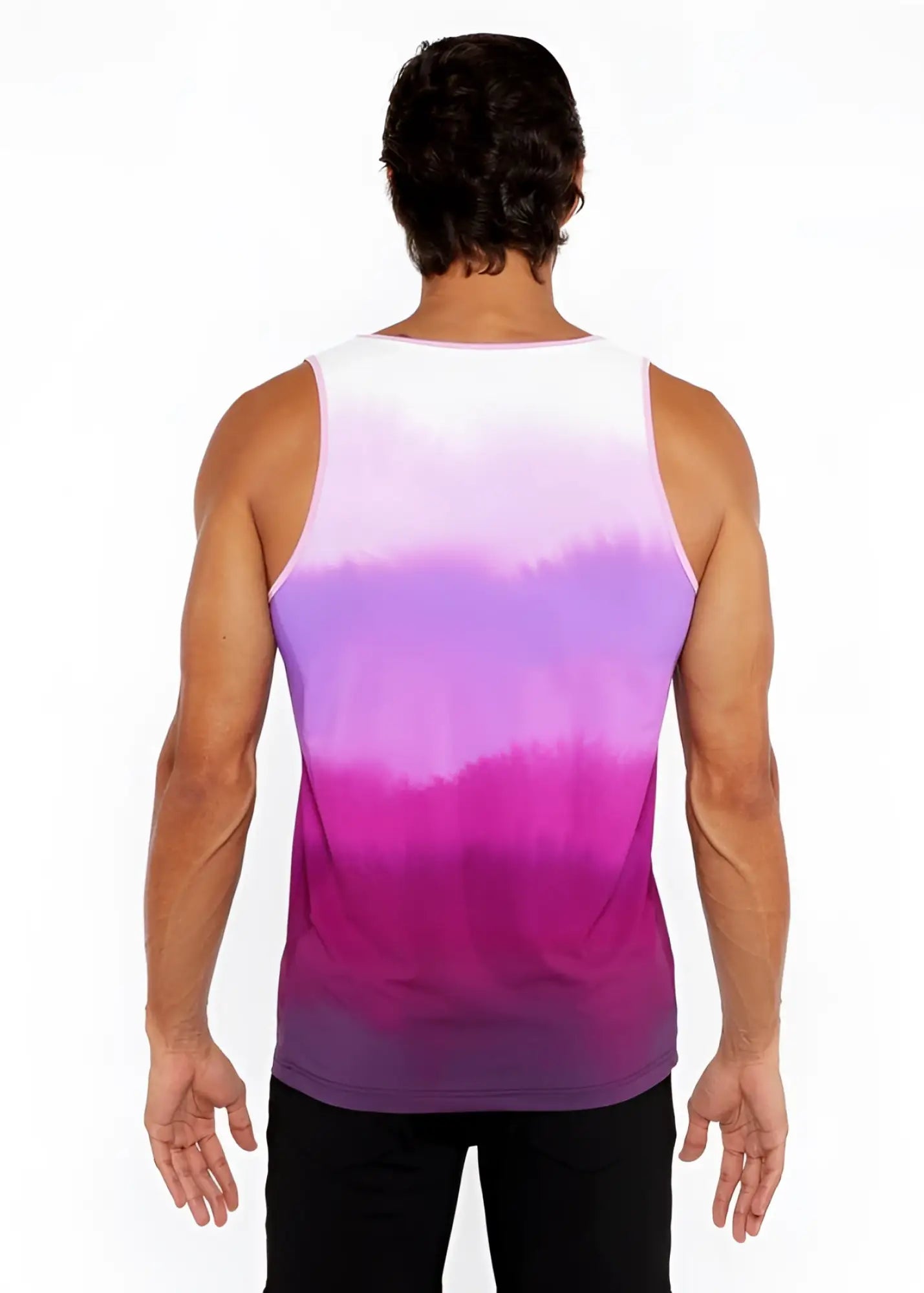 Gradient stretch mesh tank top with vibrant white to deep magenta purple hues in stretchy fabric and clean seams