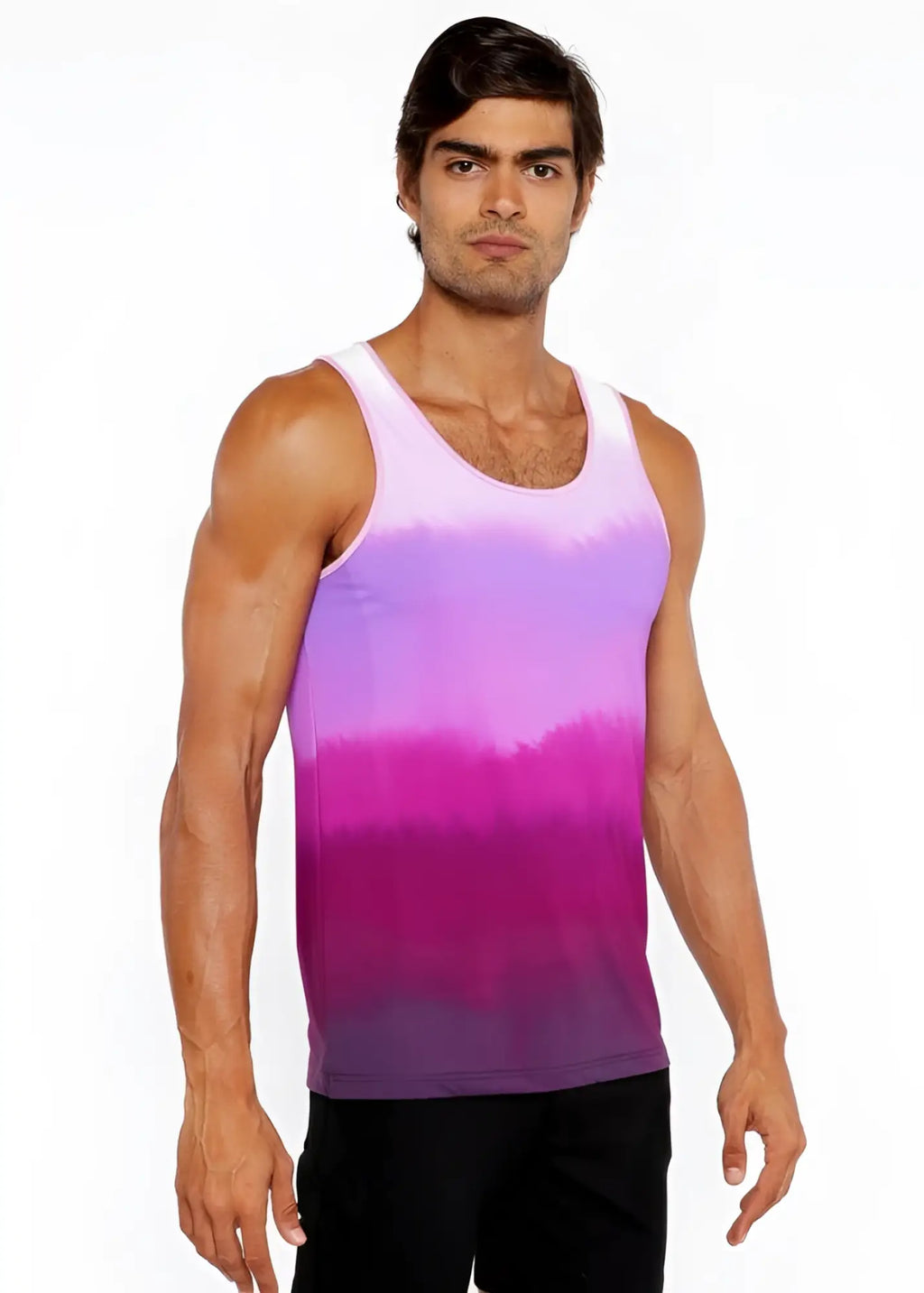 Gradient stretch mesh tank featuring a vibrant pink to purple gradient in stretchy fabric with thin shoulder straps