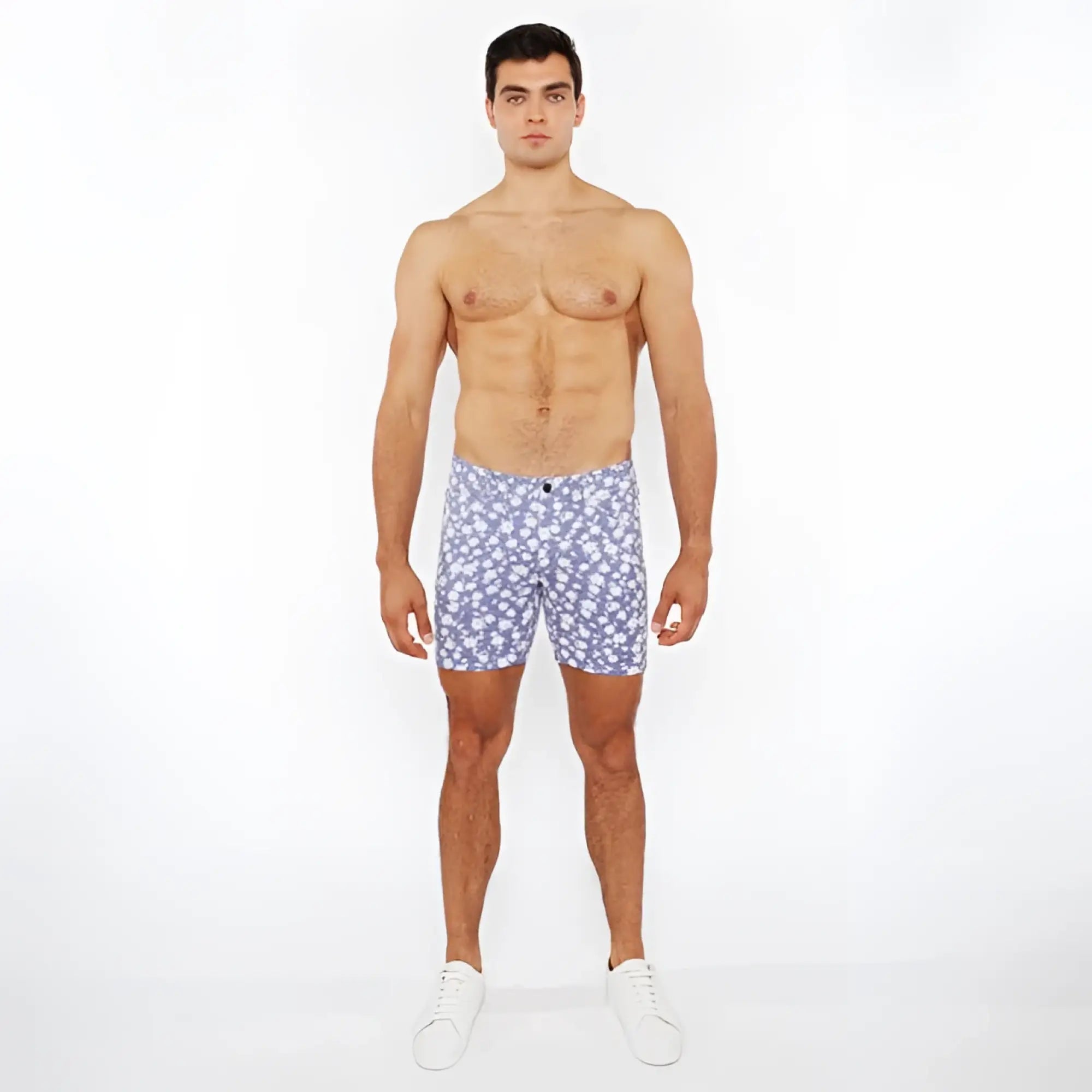 Blue floral patterned men’s jaquard stretch knit shorts showing front side with elastic waistband