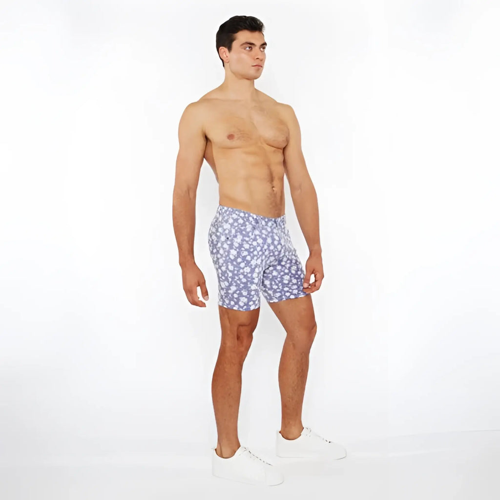 Blue floral-patterned men’s boxer shorts made from stretch knit jacquard fabric for comfortable wear
