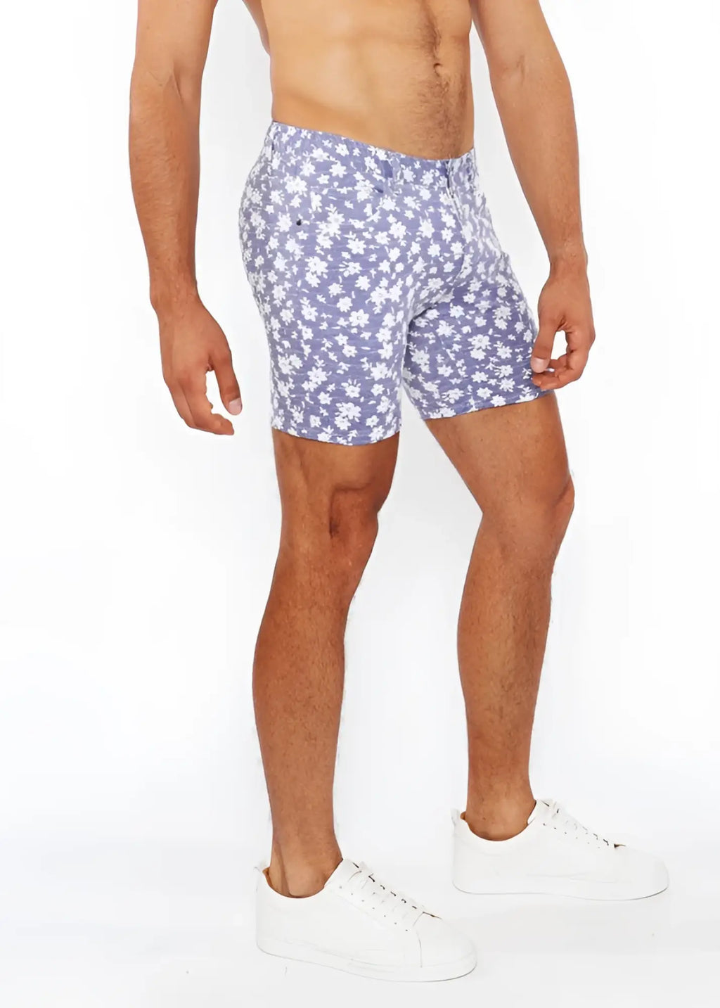 Jaquard stretch knit shorts with blue fabric and white floral pattern made of lightweight stretch material
