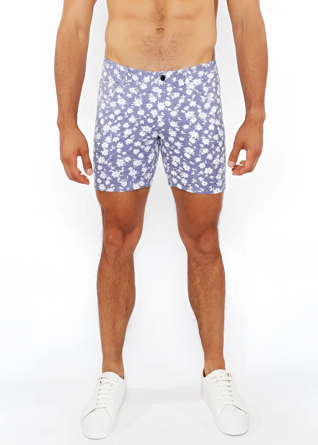Purple floral-patterned jacquard stretch knit shorts for men with a black button closure