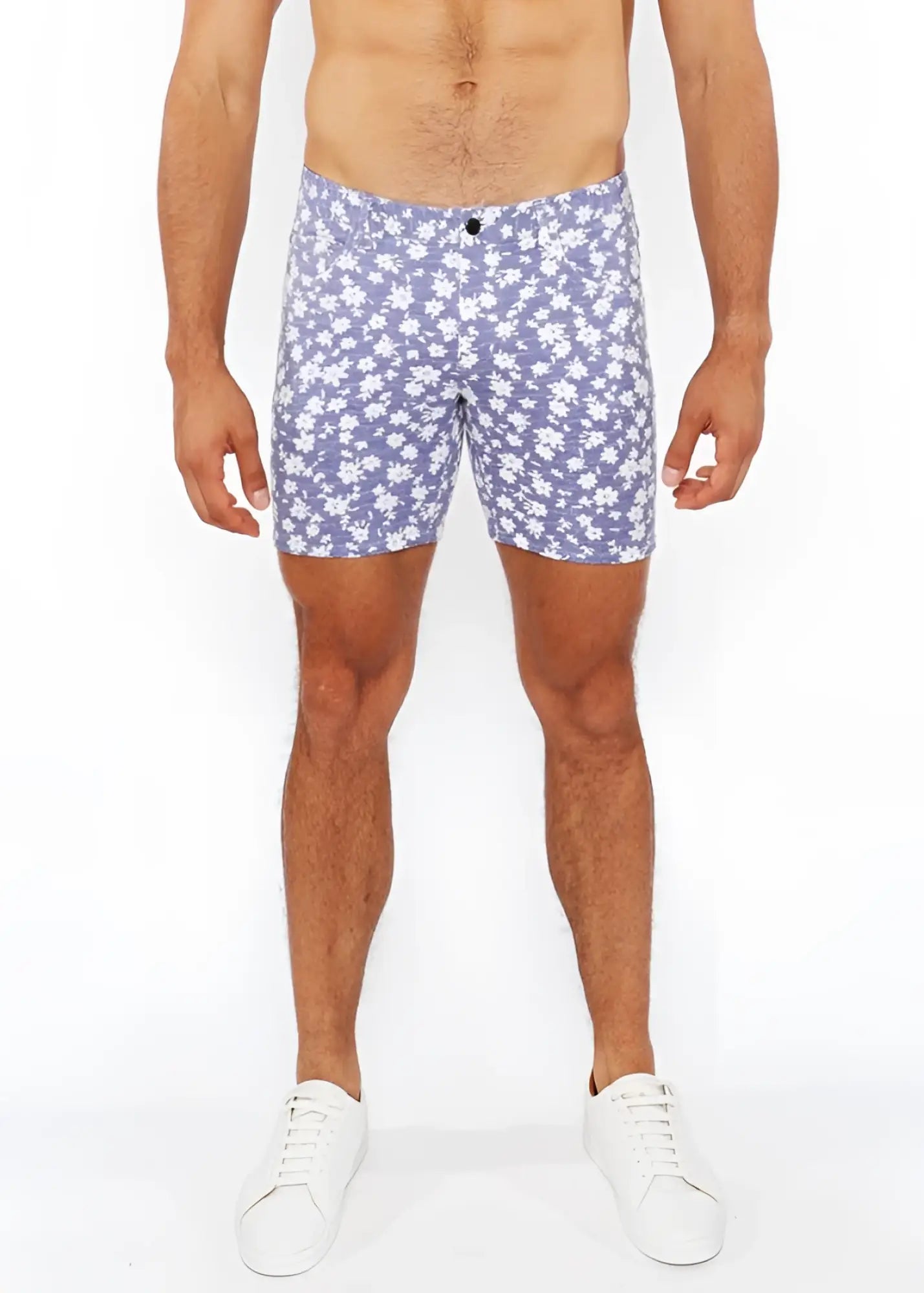 Purple floral-patterned jacquard stretch knit shorts for men with a black button closure