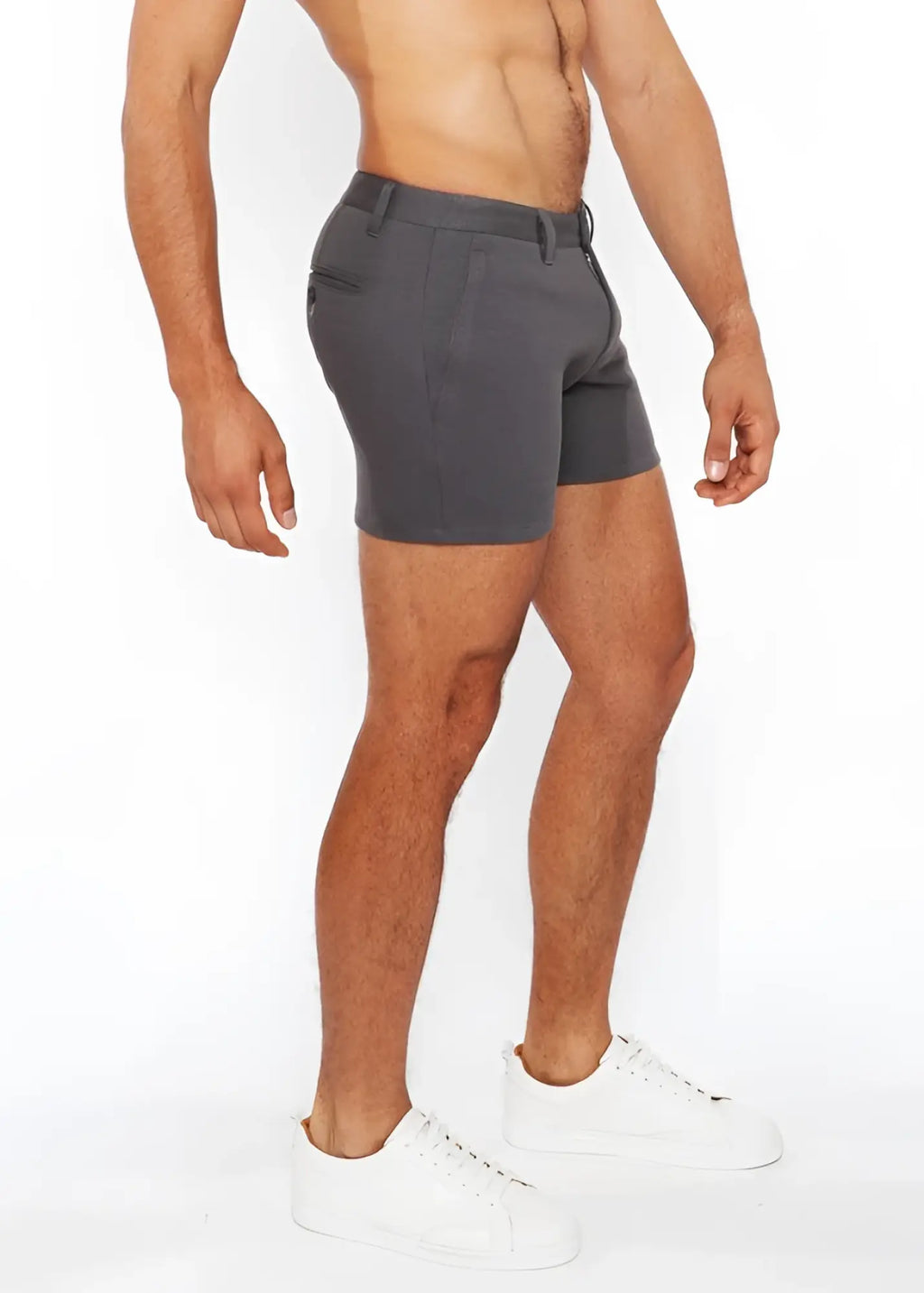 Dark gray linen-look textured tailored shorts with sleek modern design and zipper pockets for stylish comfort