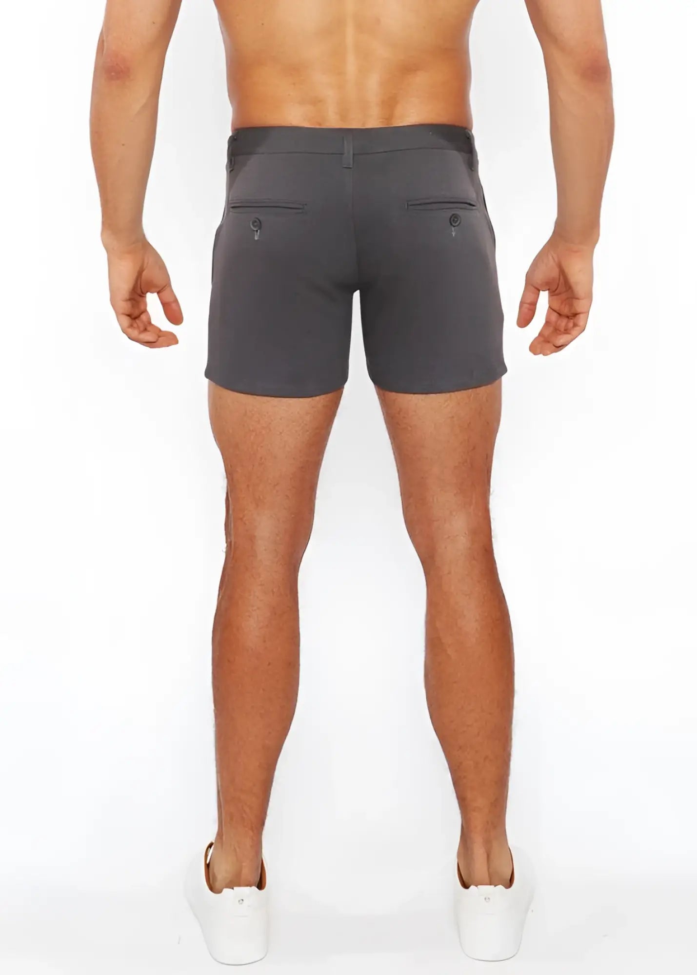 Dark gray linen-look textured tailored shorts shown from the back with two button closure pockets and zip pockets