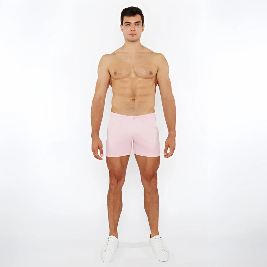 Pink linen-look textured athletic shorts with zip pockets designed for comfort and style