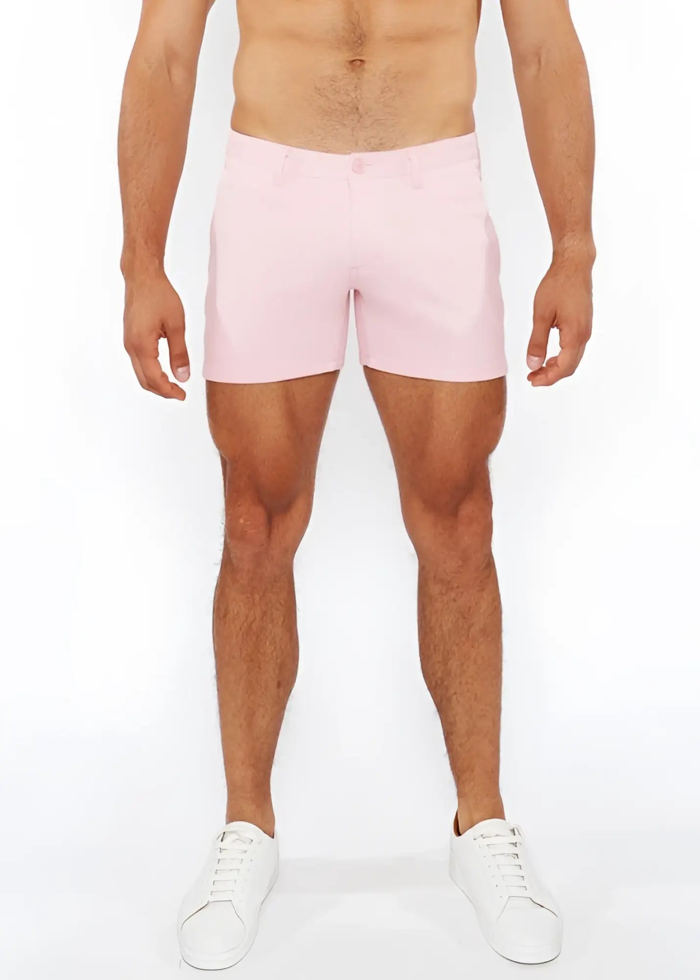 Pink linen-look textured men’s shorts with zip pockets and subtle stitching in a clean tailored fit