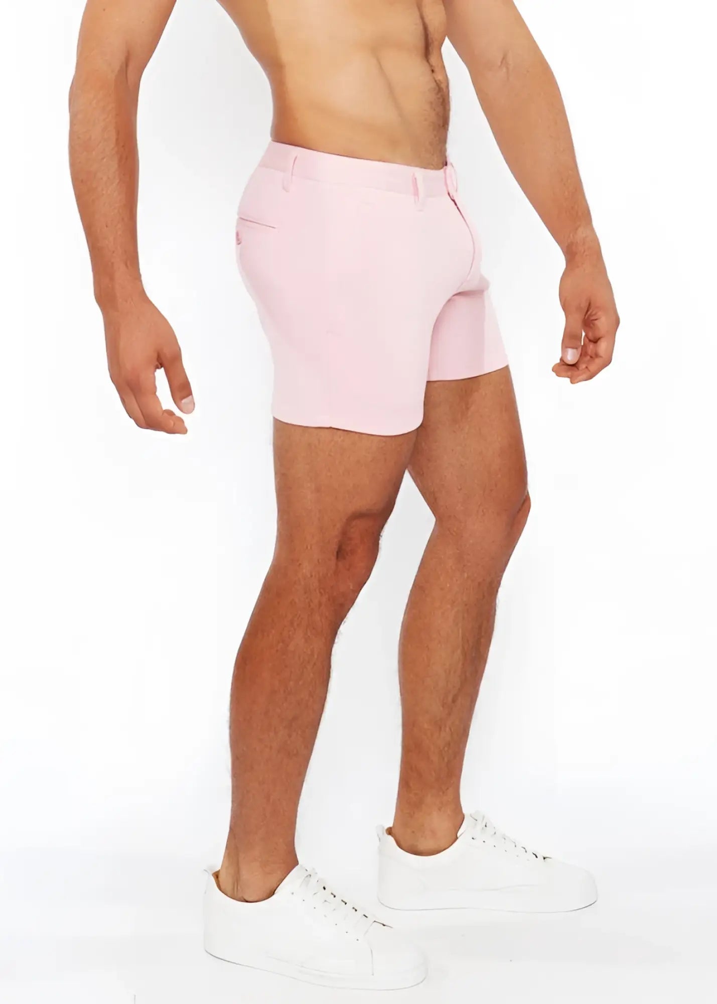 Pink linen-look textured tailored shorts with a modern cut and subtle zip side pockets for stylish comfort