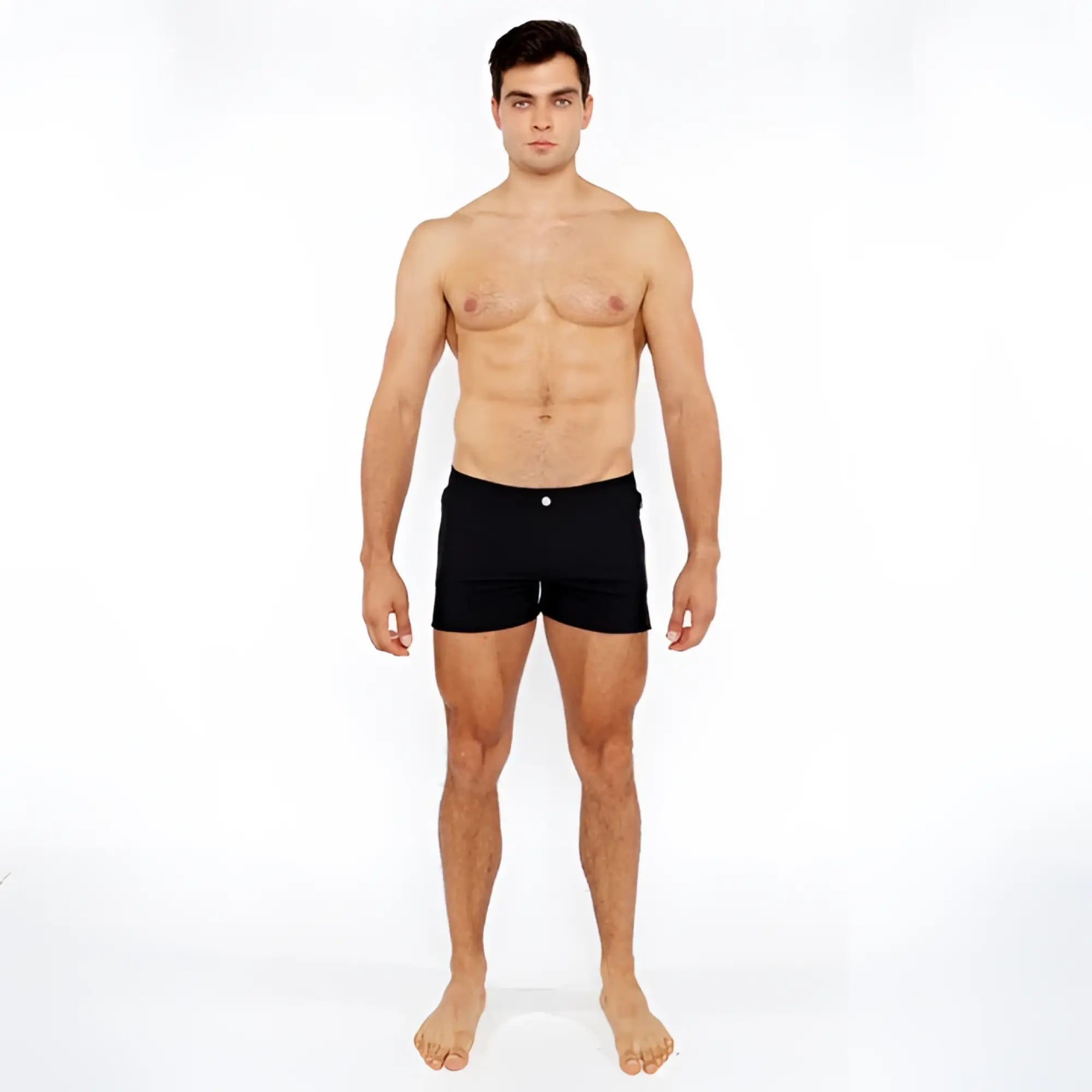 Black pinstripe swim short briefs with a single white button on the waistband front side view