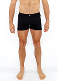 Pinstripe swim short black swim trunks with a single white button at the waistband for casual beachwear