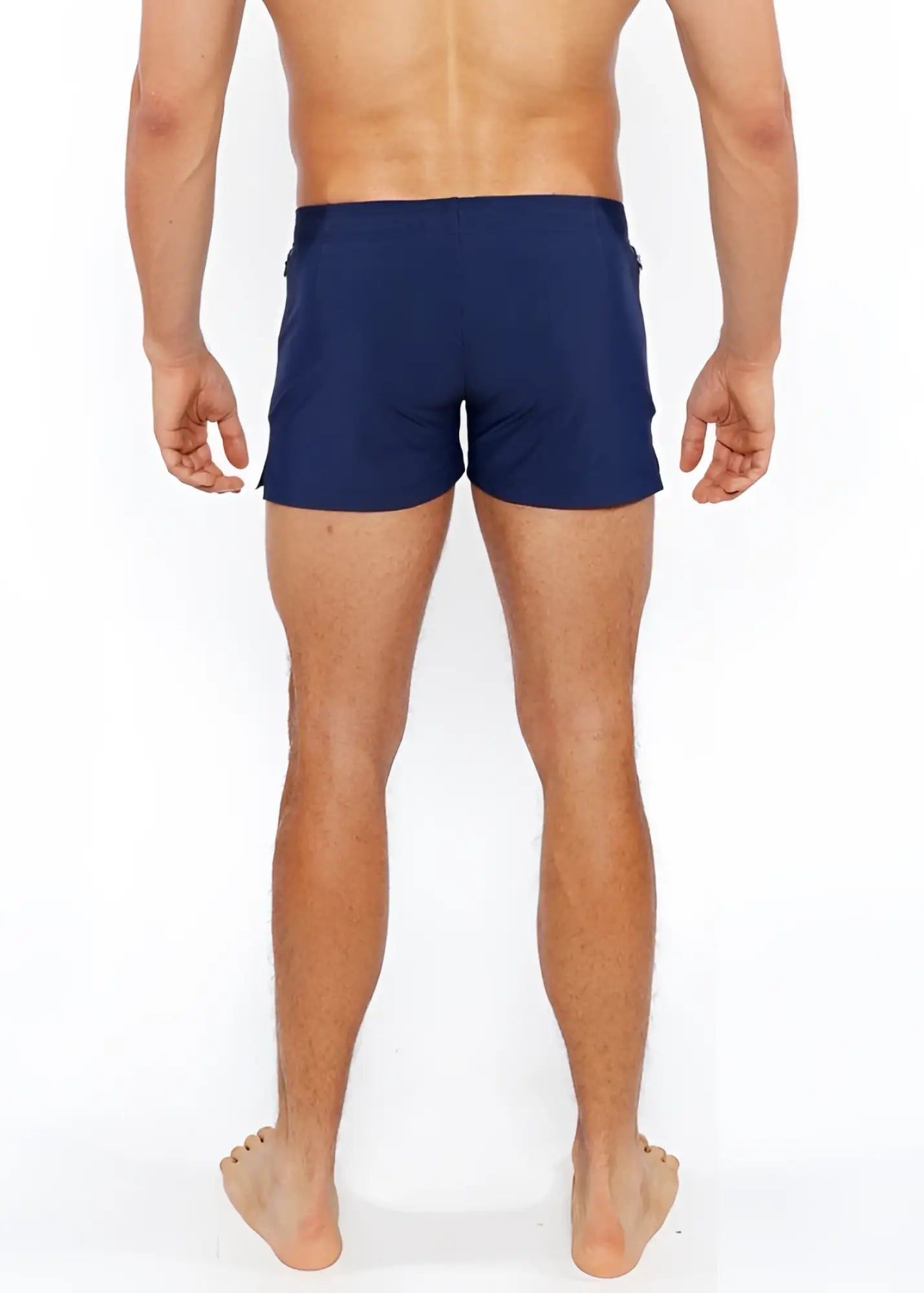 Navy blue ribbed pinstripe swim shorts designed for comfortable beach and pool wear