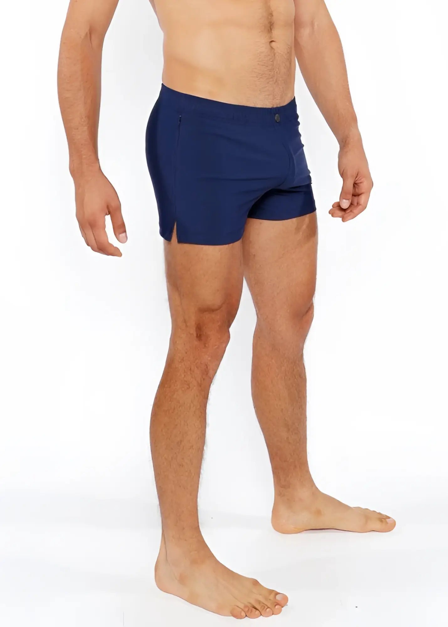 Navy blue pinstripe swim short with button closure at the waist made from quick-dry fabric for swimming