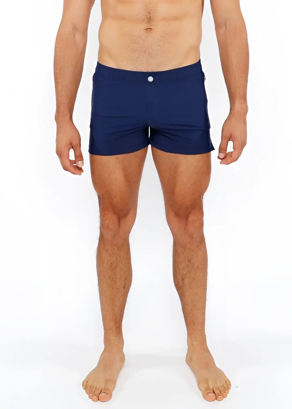 Navy blue pinstripe swim short with white button closure designed for comfortable beach or pool wear