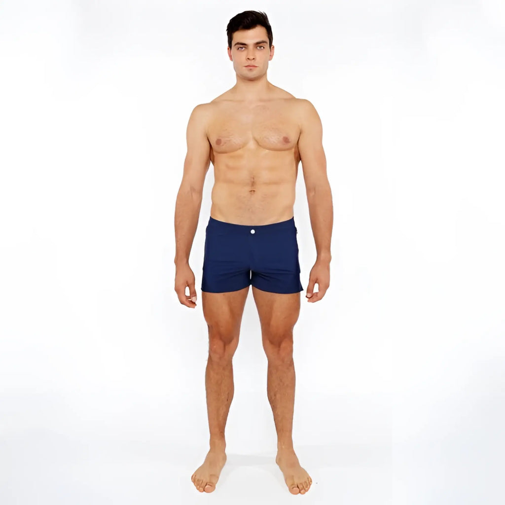 Navy blue pinstripe swim short with a white button waistband made of quick-dry fabric for swimming