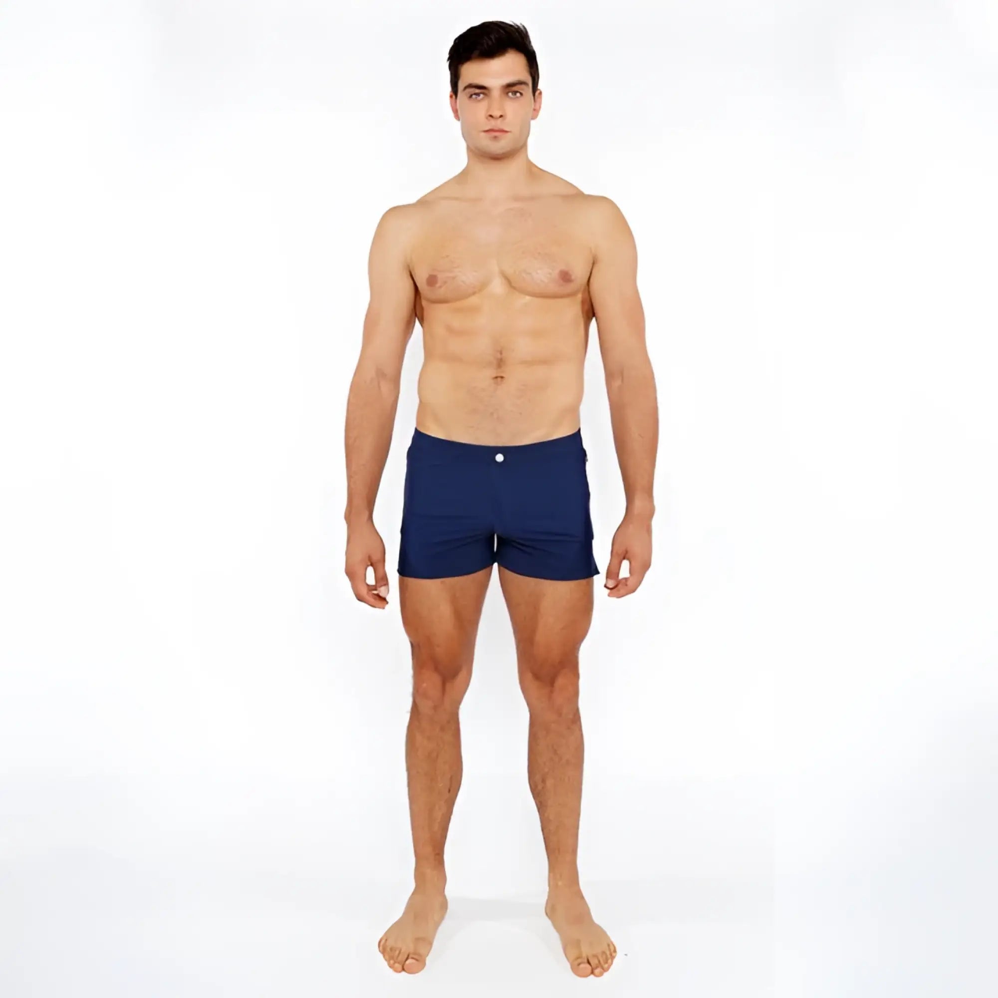 Navy blue pinstripe swim short with a white button waistband made of quick-dry fabric for swimming