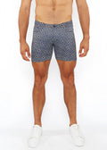 Printed stretch knit short men’s navy blue shorts with white geometric pattern made of stretch knit fabric
