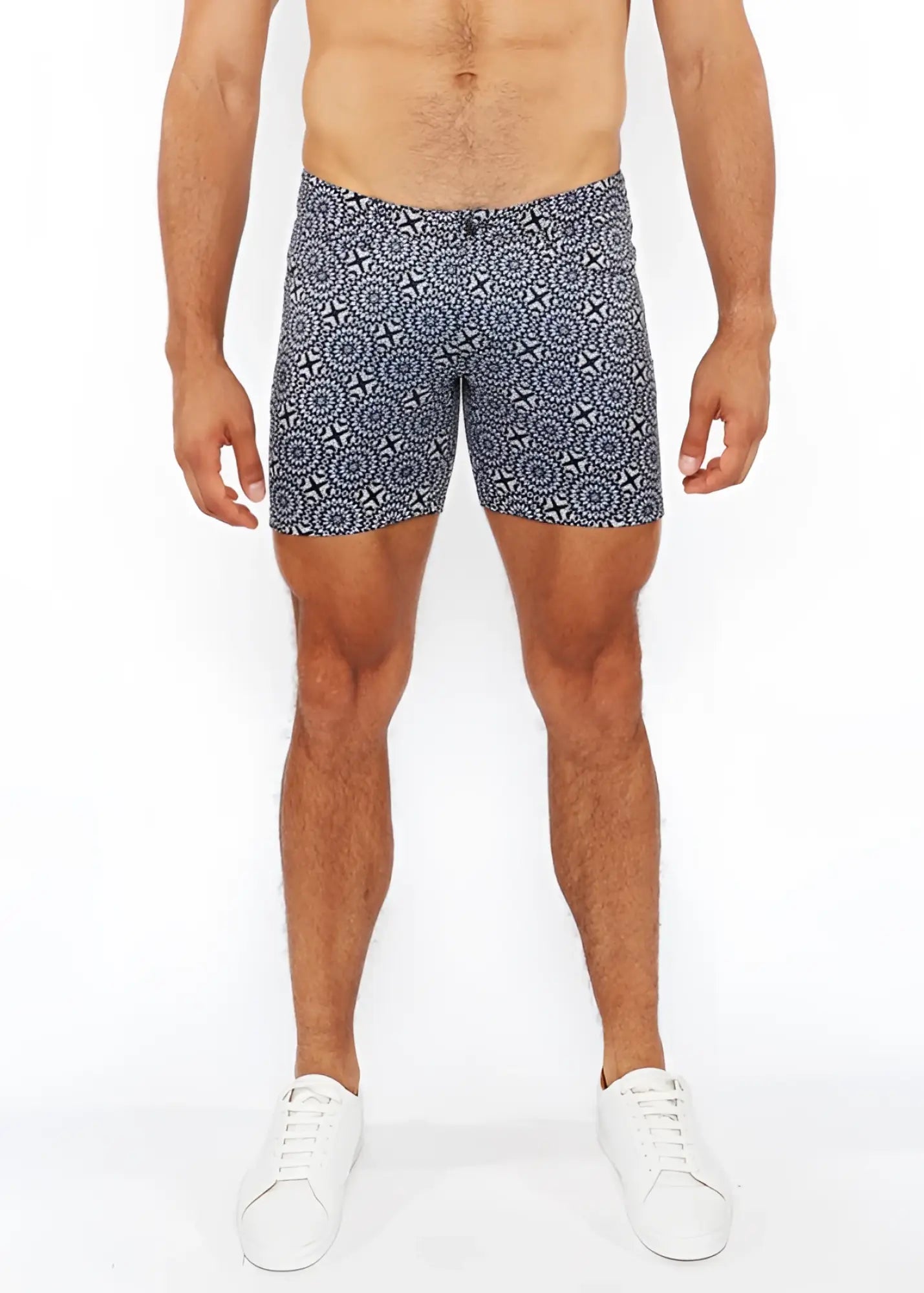 Printed stretch knit short men’s navy blue shorts with white geometric pattern made of stretch knit fabric