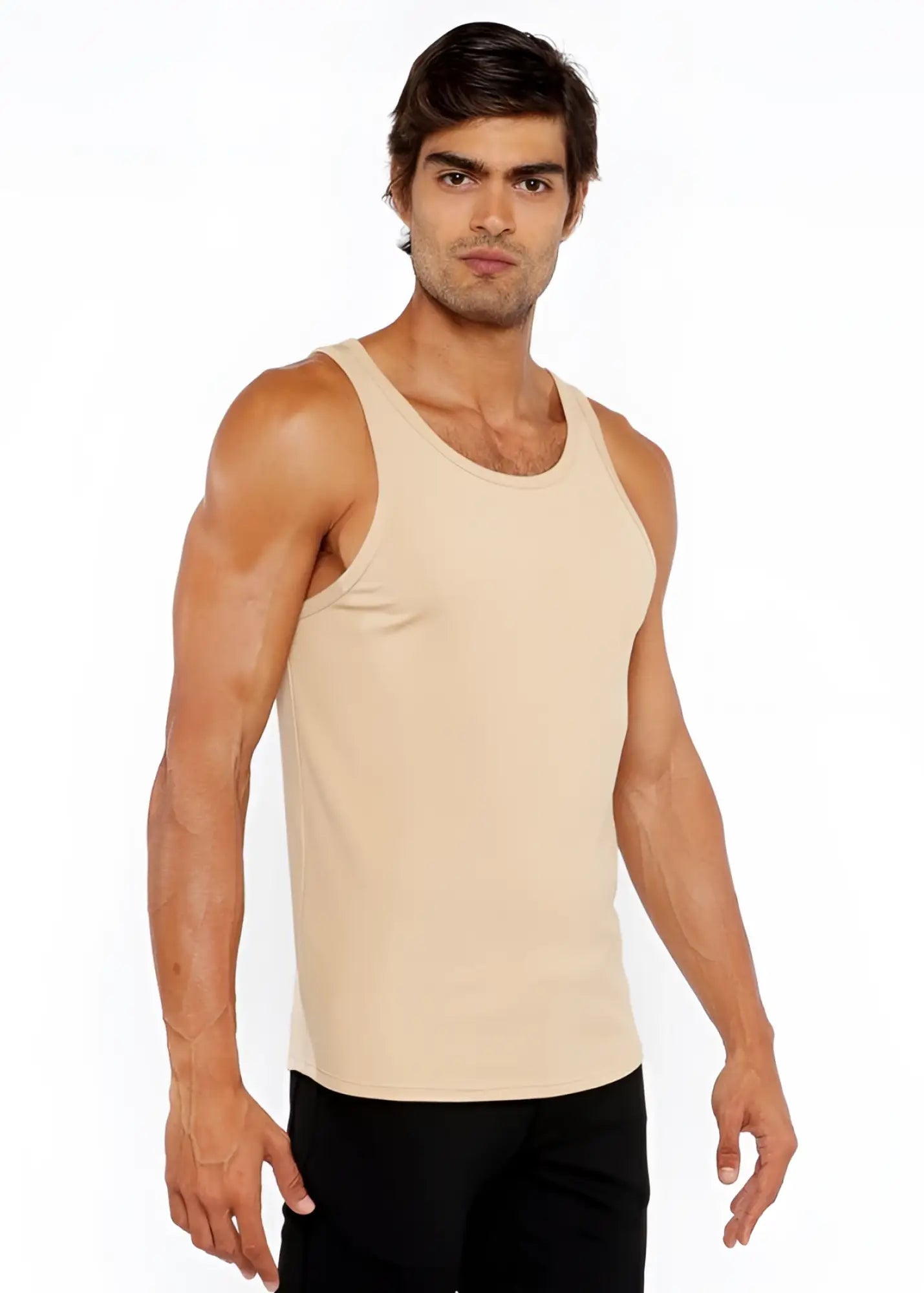 Beige rib modal tank sleeveless top with a simple fitted design made from soft ribbed modal fabric