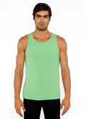 A solid light green rib modal sleeveless tank top with a round neckline and straight hem