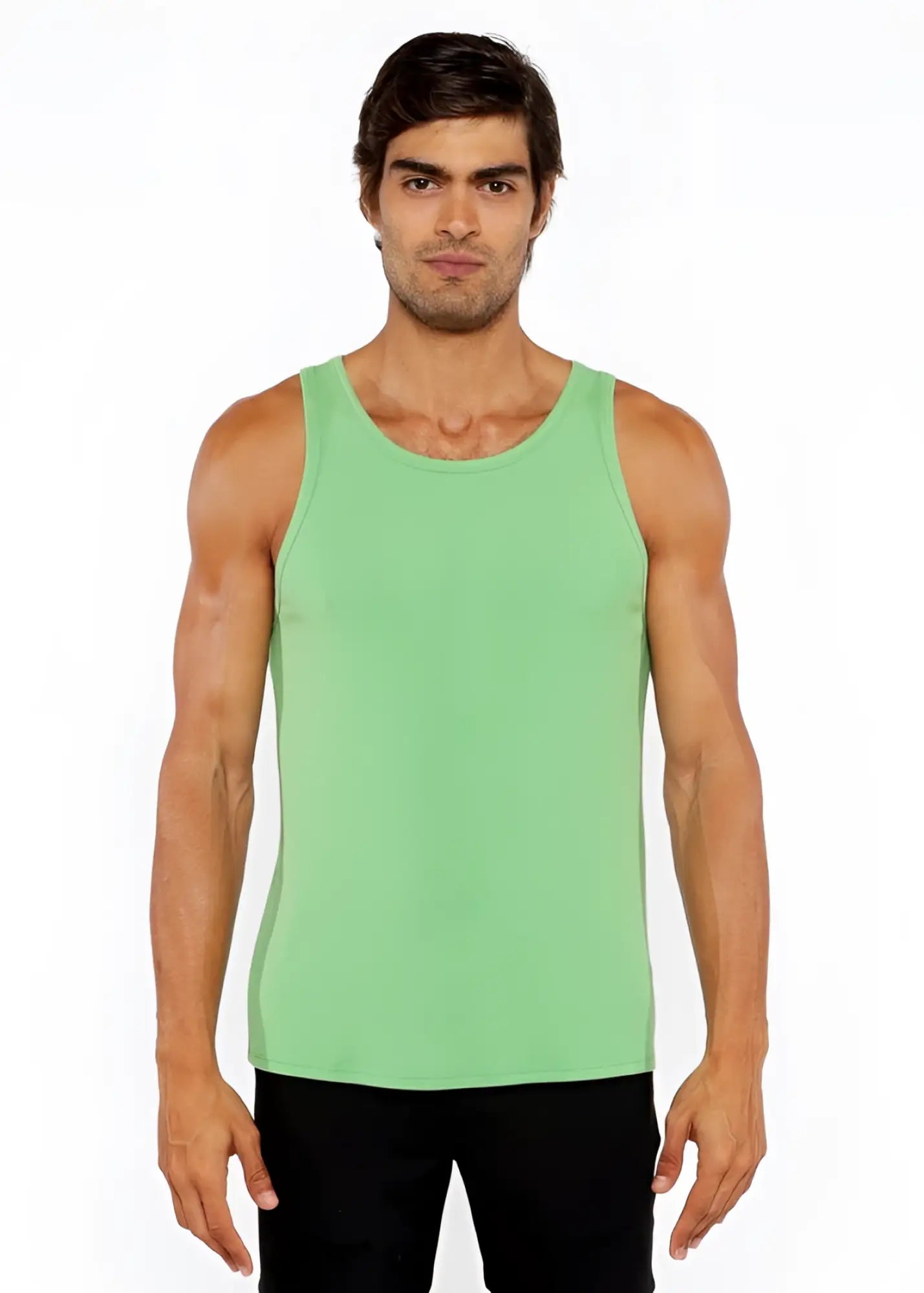A solid light green rib modal sleeveless tank top with a round neckline and straight hem